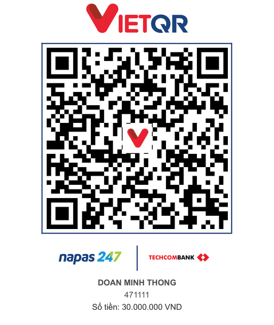 Mã QR thanh toán học phí — Techcombank 471111 DOAN MINH THONG, 30.000.000đ