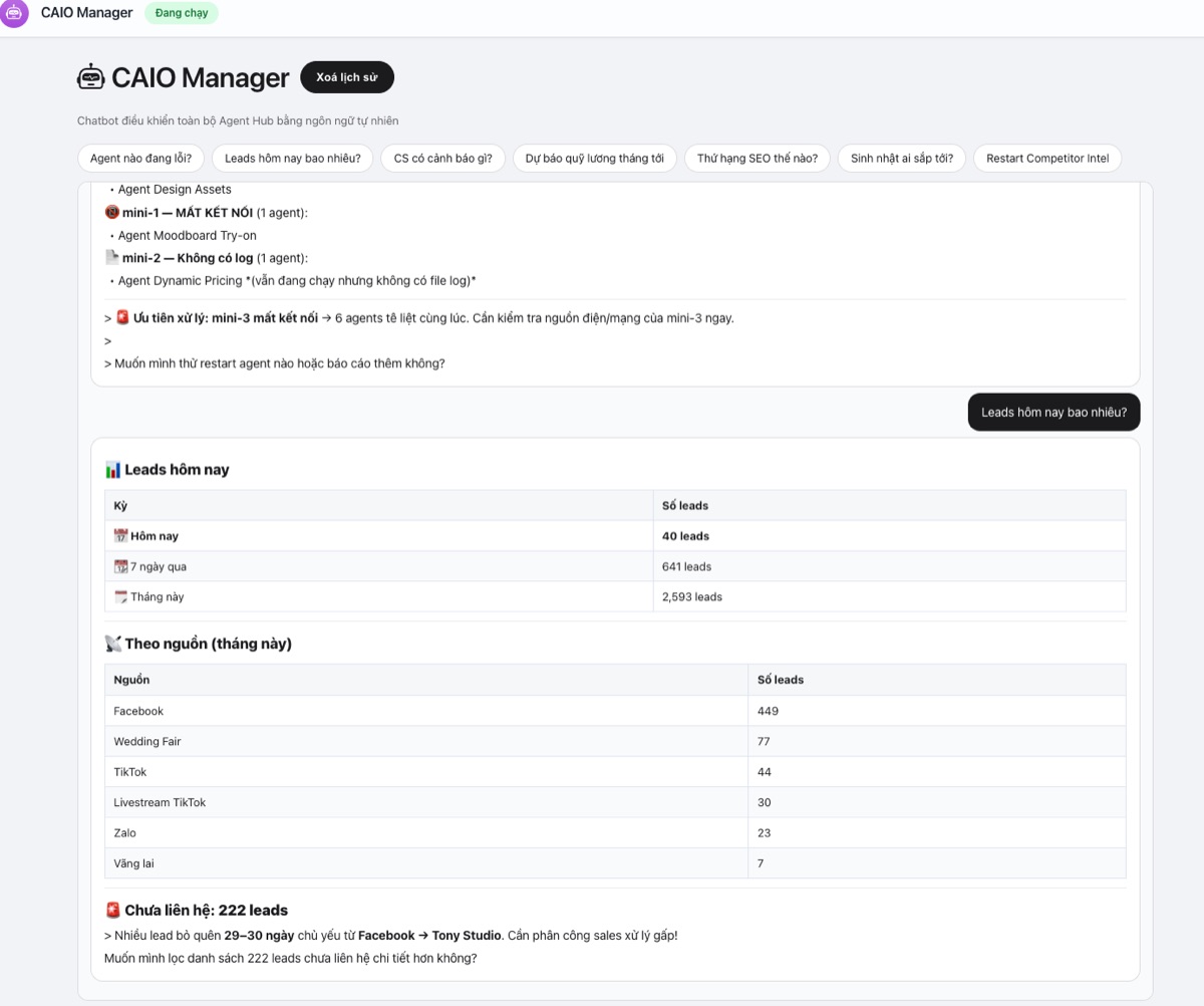 CAIO Manager — chatbot điều khiển toàn bộ Agent Hub bằng ngôn ngữ tự nhiên