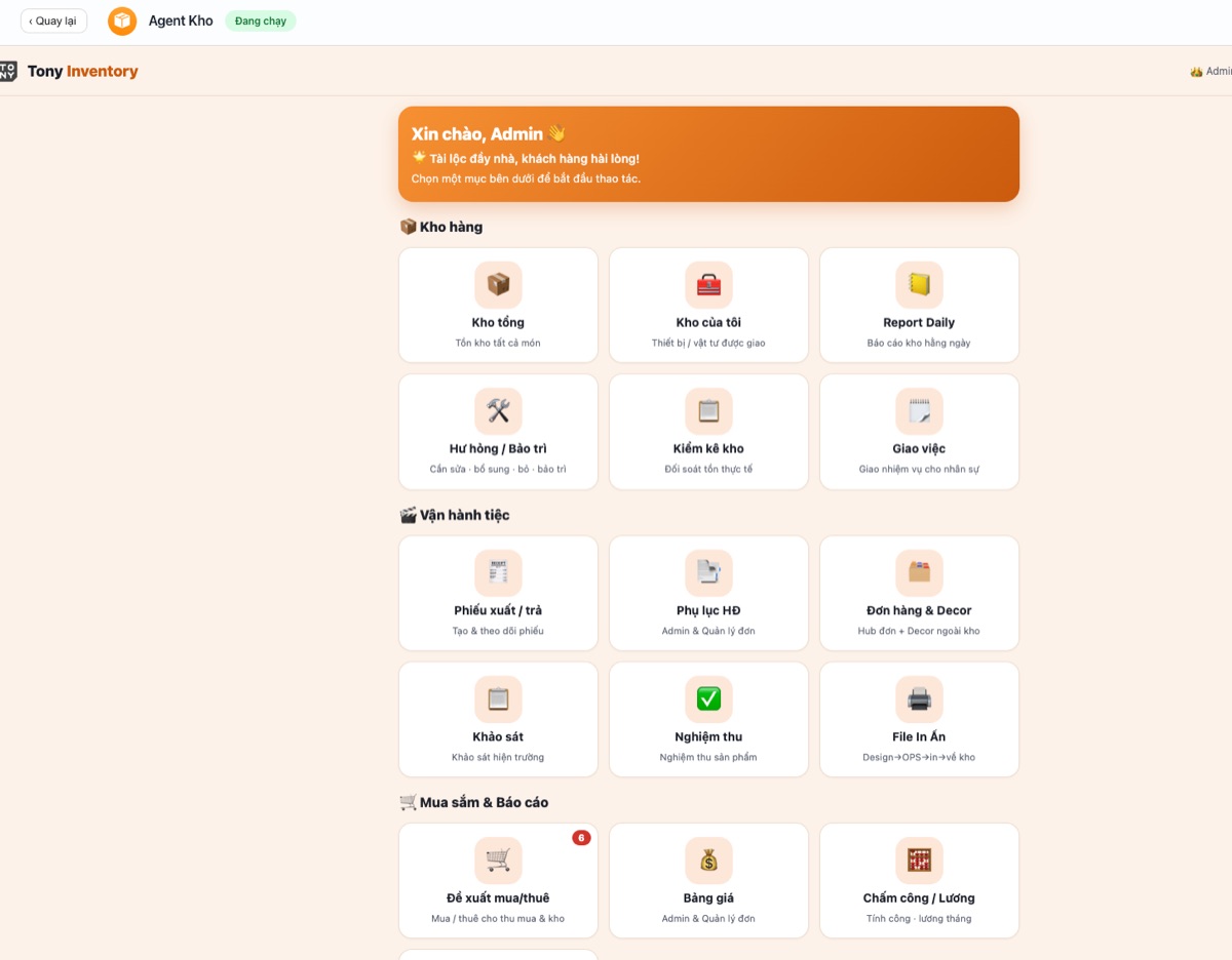 Tony Inventory — web app kho vận hành tiệc cưới do agent quản lý